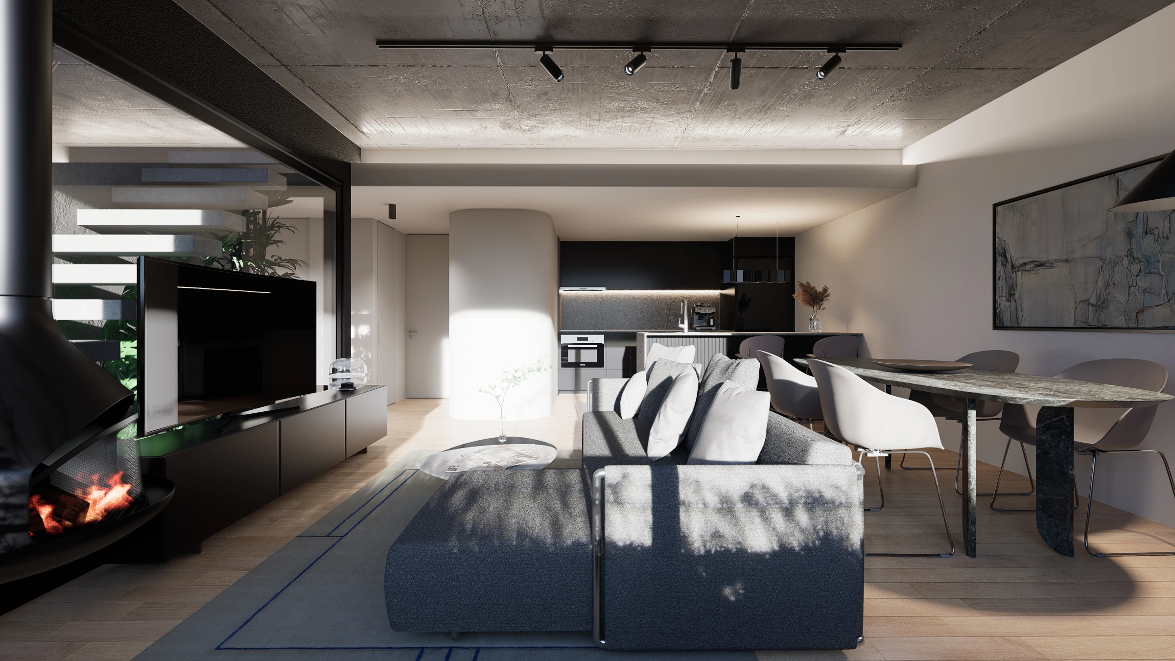Render de Elevia Río: Living comedor con cocina integrada y hogar suspendido