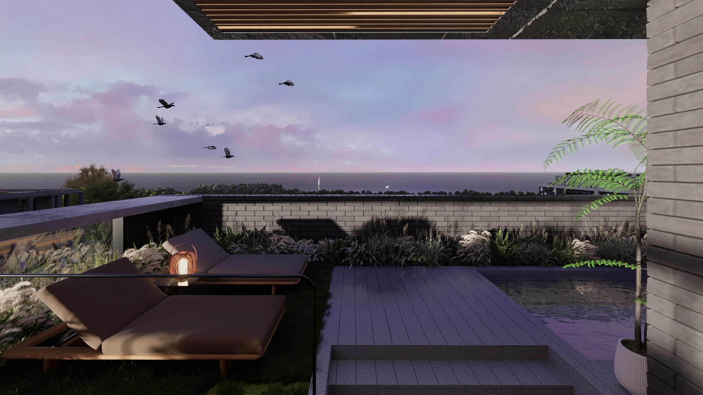 Render de Elevia Río: Terraza con pérgola y vista abierta al atardecer