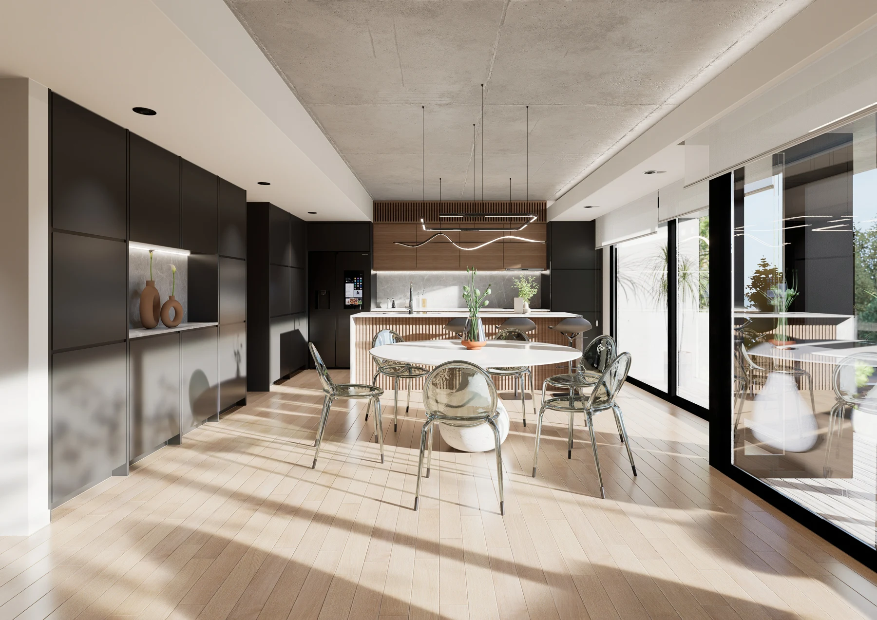 Render de la cocina, comedor y living integrados de la unidad B