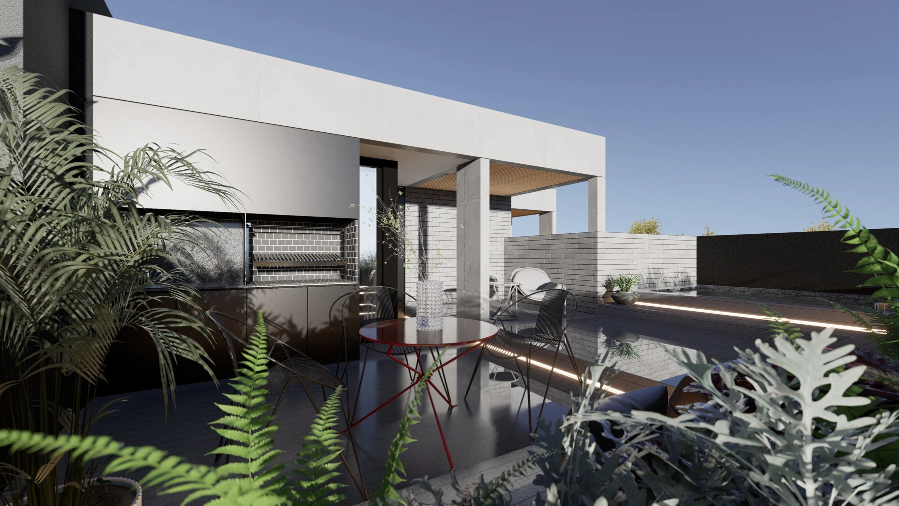 Render de terraza privada con parrilla, pérgola y pileta